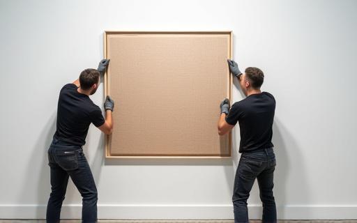 Team di installatori che posiziona un'opera d'arte in una galleria.